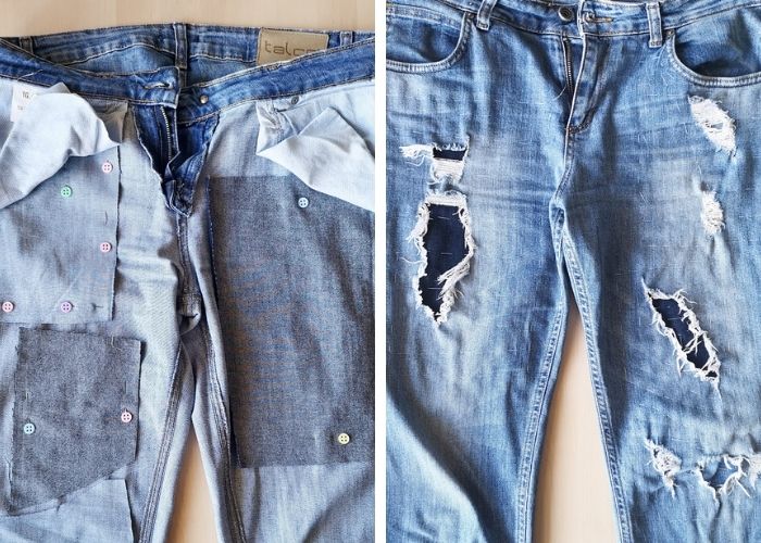 Mending holes in jeans by hand with running stitch