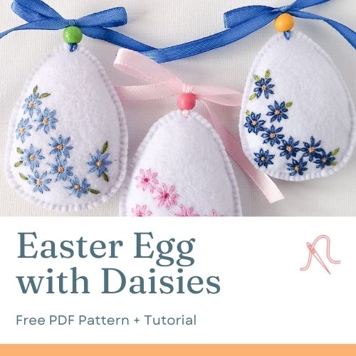 Easter egg with daisies felt decoration - free embroidery pattern