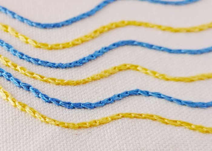 Chain stitch embroidery with yellow and blue threads
