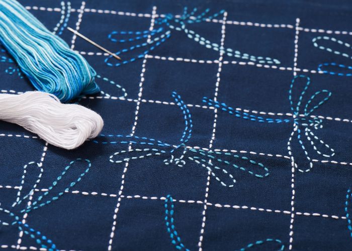 Sashiko embroidery sampler with threads - stock image