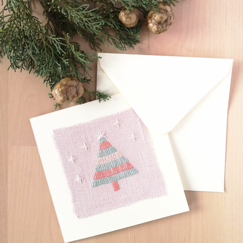 Handmade card with Christmas tree embroidery