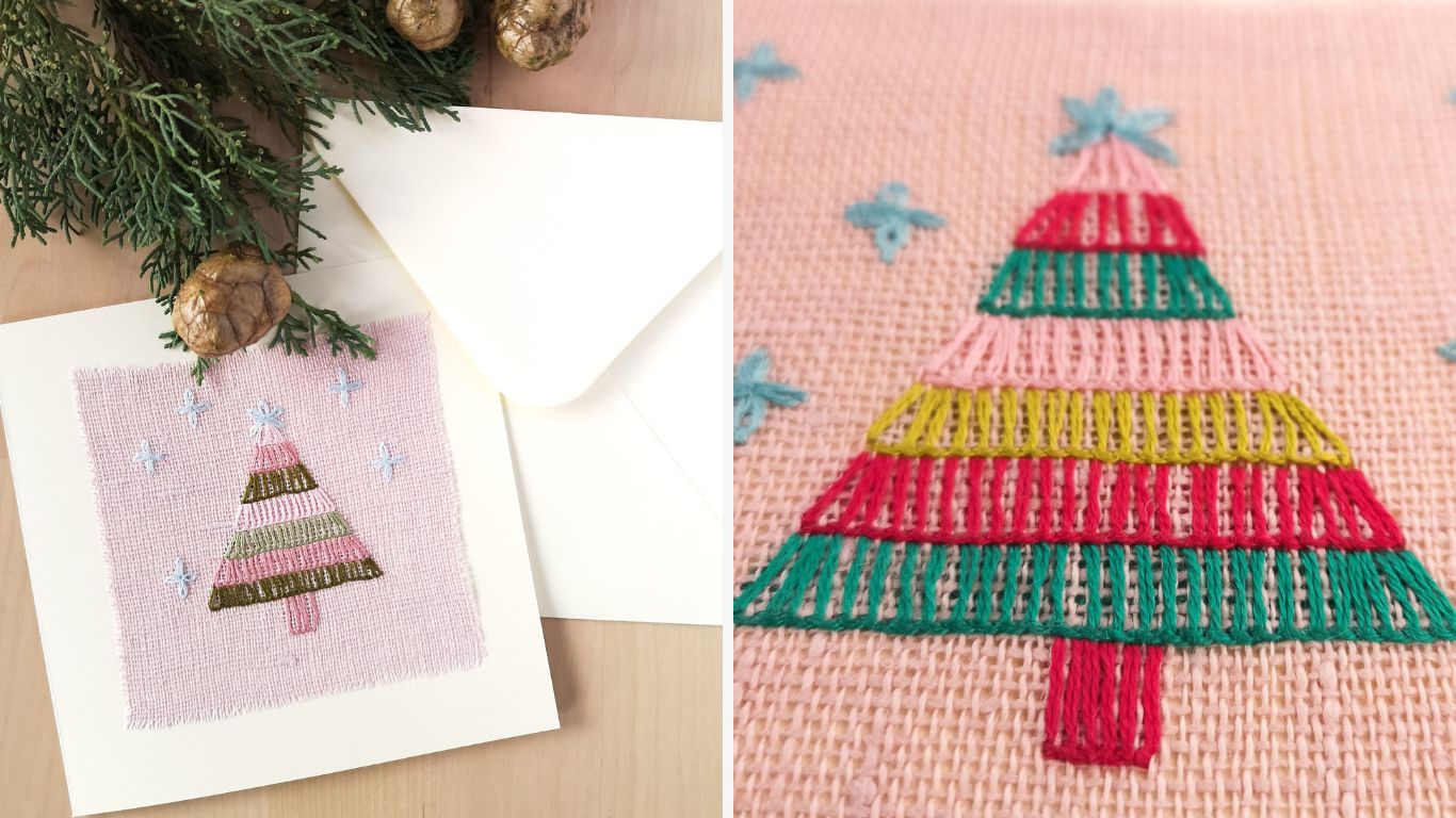 Christmas Card Tutorial - colorful Christmas tree embroidery on pink linen made into card
