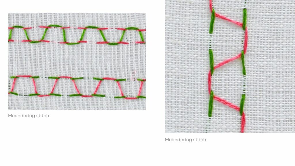 Meandering stitch embroidery in two colors