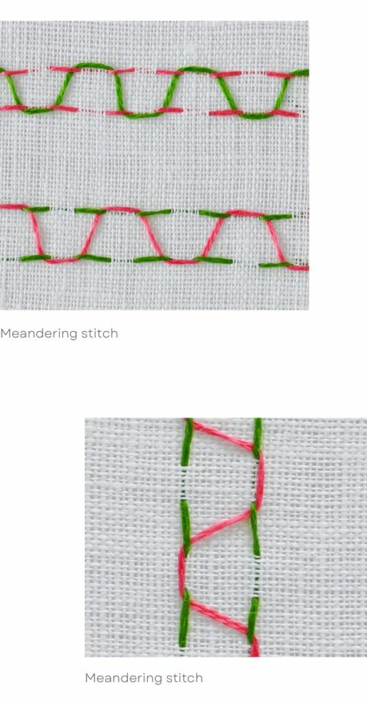 Meandering stitch embroidery in two colors
