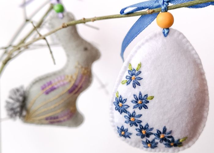 Easter egg  and bunny felt decorations on a branch