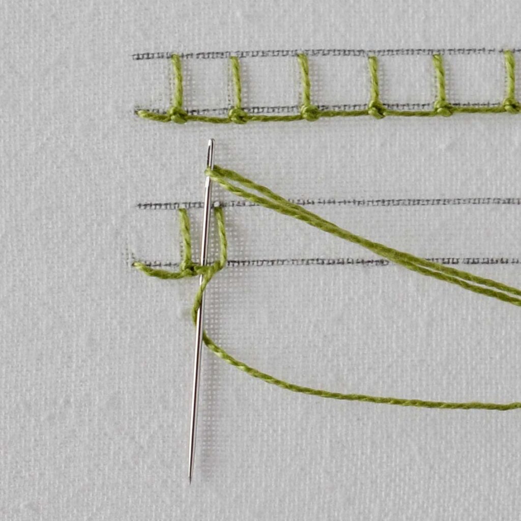 Antwerp edging hand embroidery stitch. A needle and green thread, white fabric