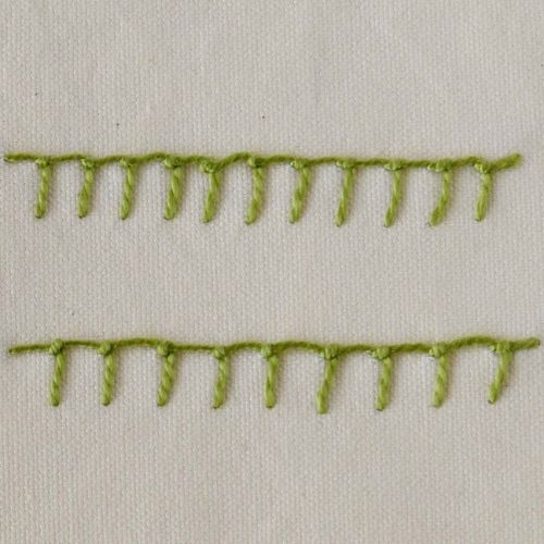Berwick stitch front view - hand embroidery with green pearl cotton on white cotton fabric