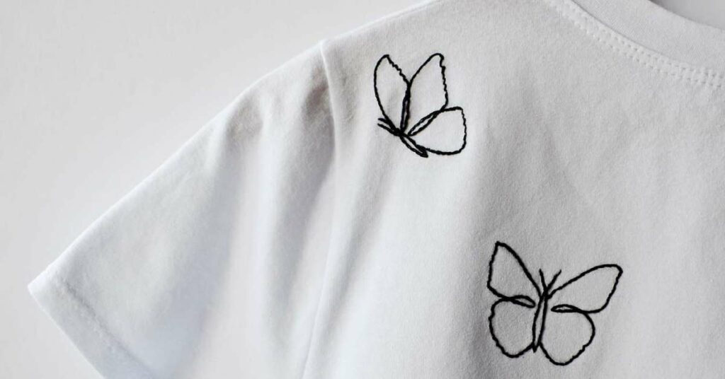 Hand embroidered butterflies on white tshirt