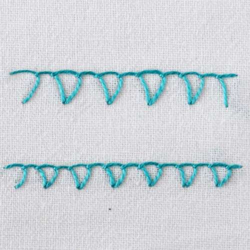 Closed blanket stitch embroidered with light blue thread on white fabric