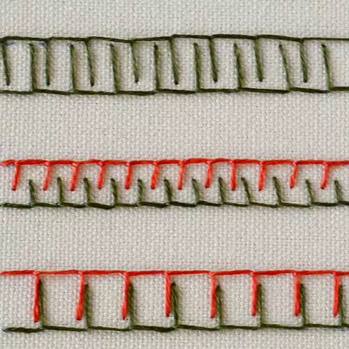 Double blanket stitch embroidered with red and green embroidery floss