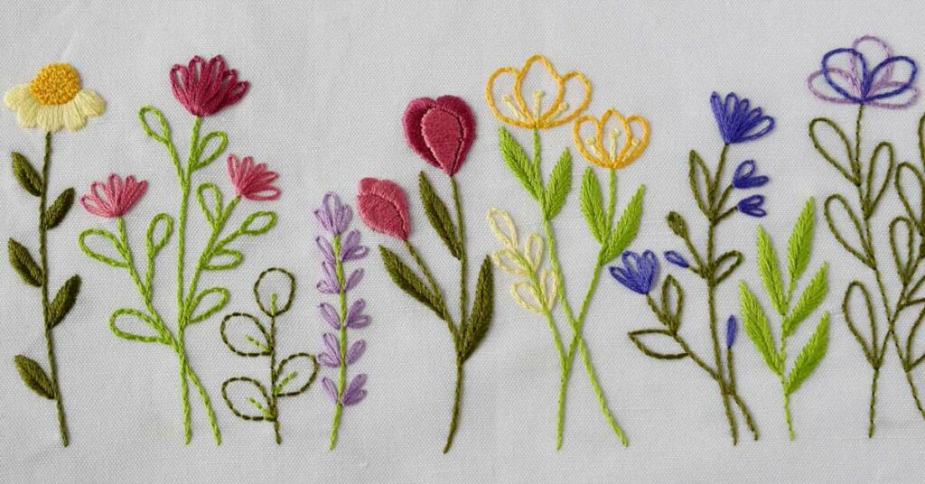 Colorful hand embroidered wild flowers on white linen
