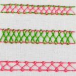 Herringbone Ladder Stitch embroidery with pink and green thread