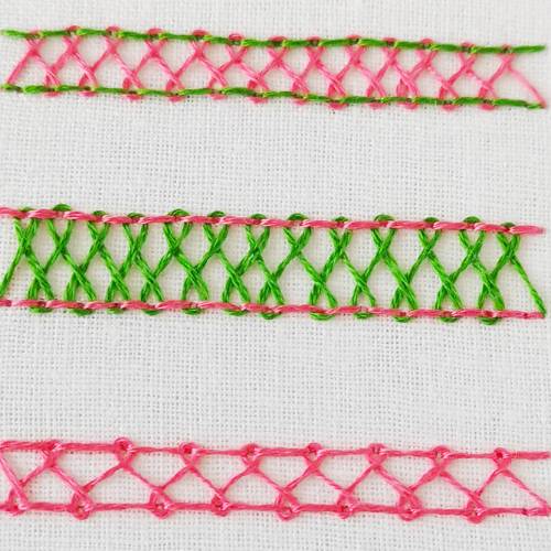 Herringbone Ladder Stitch embroidery with pink and green thread