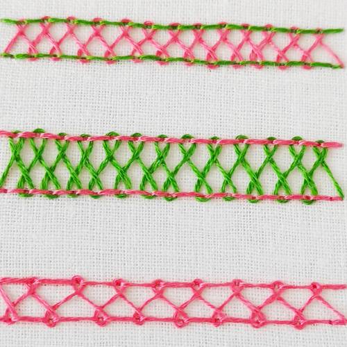 Broderie au point d'échelle à chevrons avec du fil rose et vert