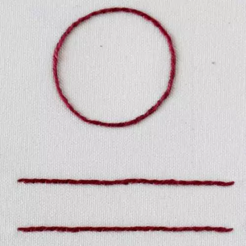 Outline embroidery stitch made with red thread on white canvas