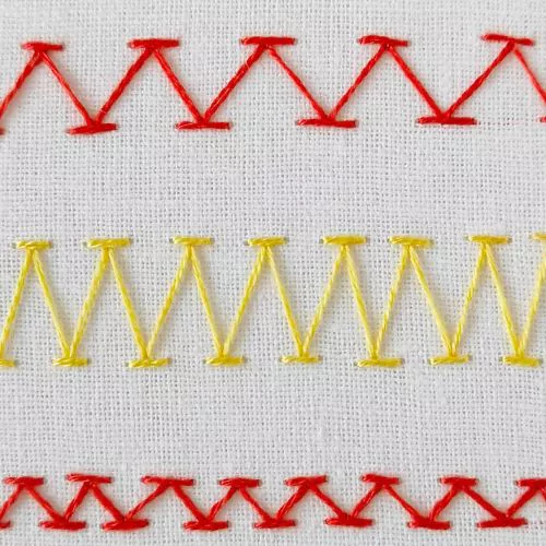 Chevron stitch embroidery - three rows of stitches in red and yellow