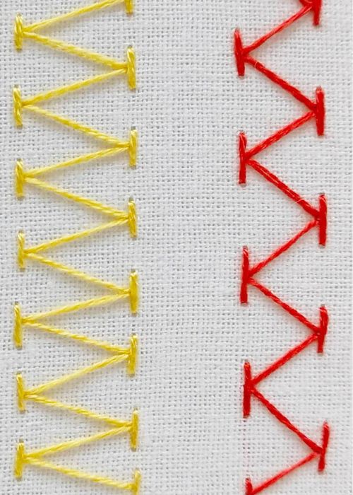 Chevron stitch with yellow and red thread on white fabric