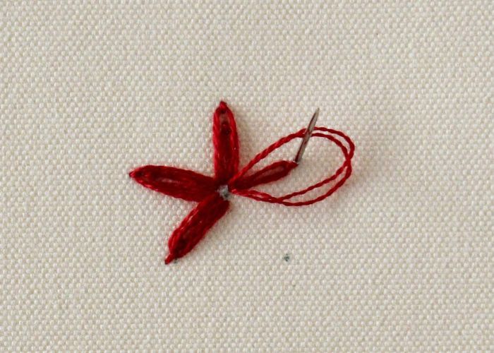 Double lazy daisy stitch embroidery with red floss