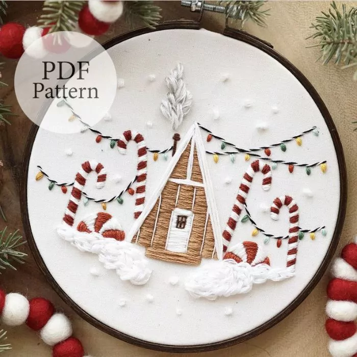 Gingerbread cabin hand embroidery pattern