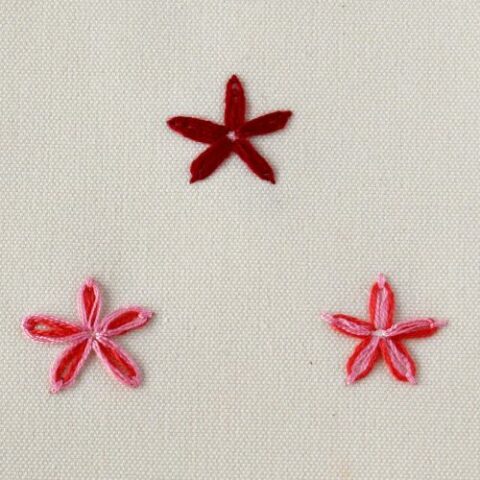 Lazy daisy stitch embroidery with red and pink floss