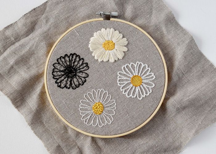Natural linen fabric with floral embroidery stretched in the hoop