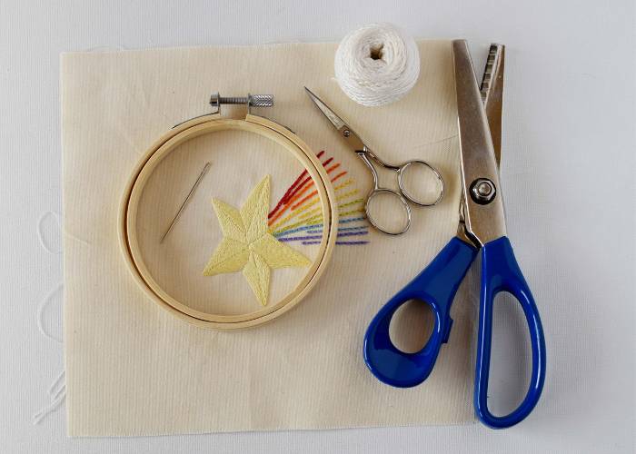 Tools and materials you will need for finishing the hoop with running stitches