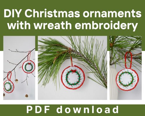 DIY Christmas ornaments with wreath embroidery pattern download card