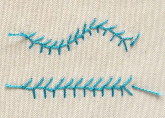 Fern stitch embroidery with blue thread back side