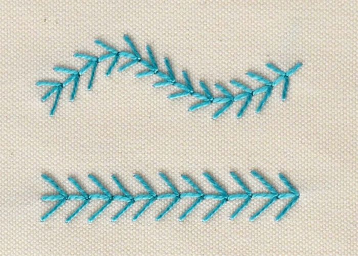 Fern stitch embroidery with blue thread front side
