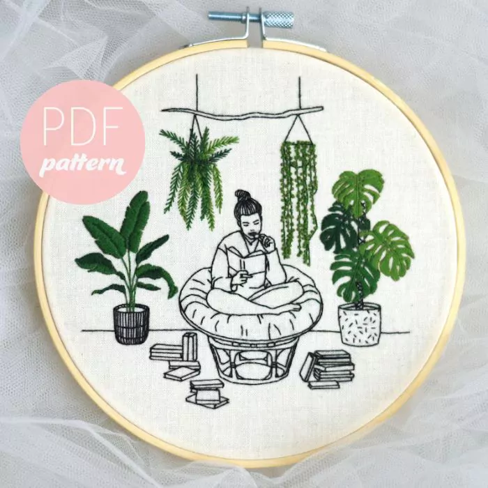 Bookworm embroidery pattern on Etsy