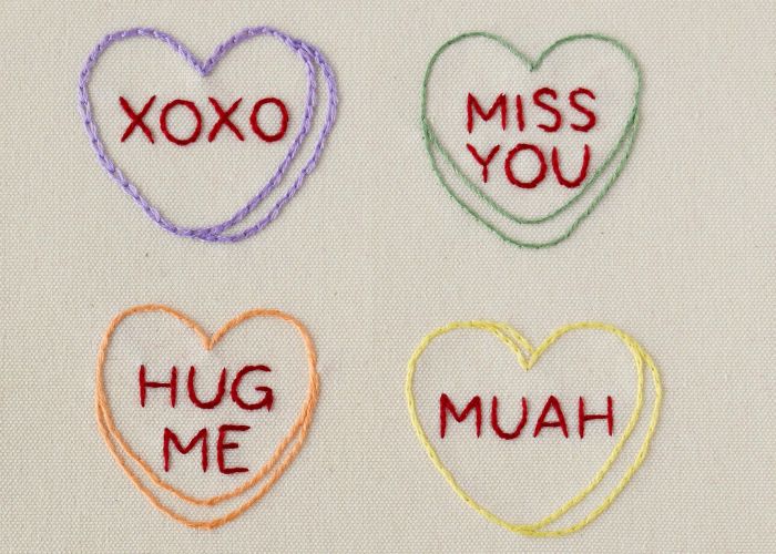 Candy Heart Embroidery pattern sampler - four hearts on white fabric