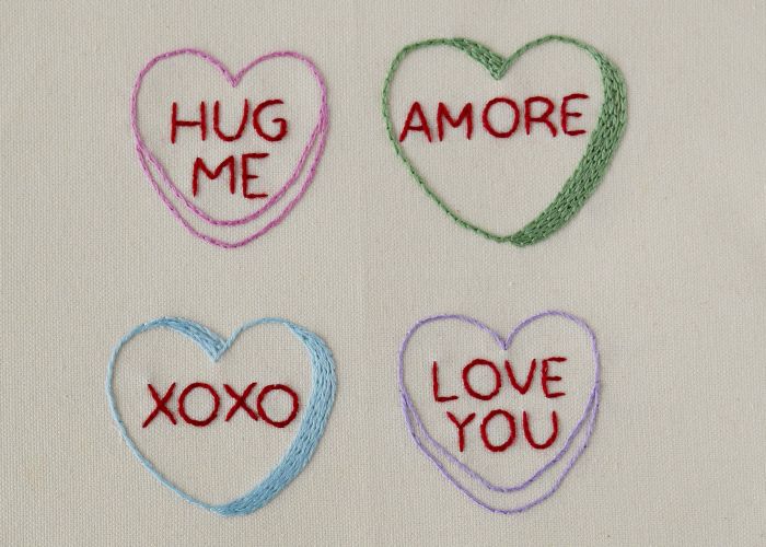 Candy Heart Embroidery pattern sampler with filling