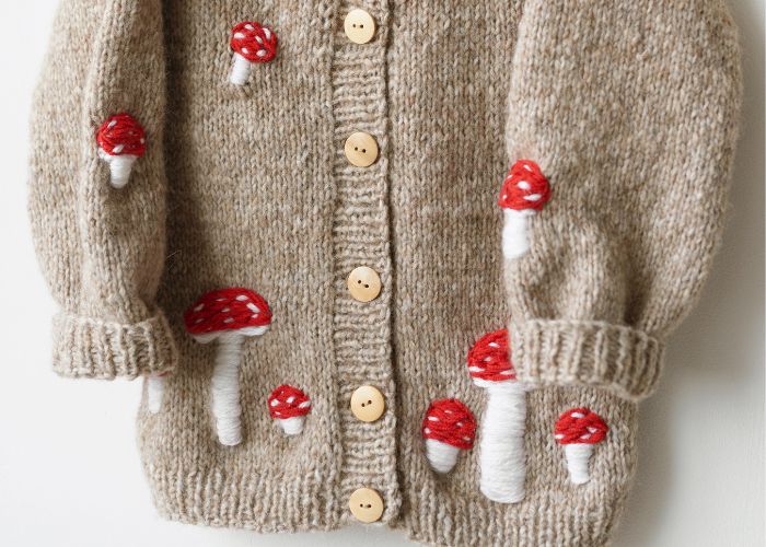 Mushroom embroidery on beige cardigan