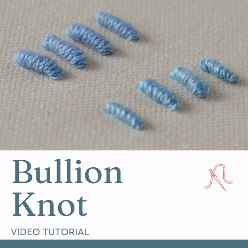 Bullion knot embroidery with blue threads