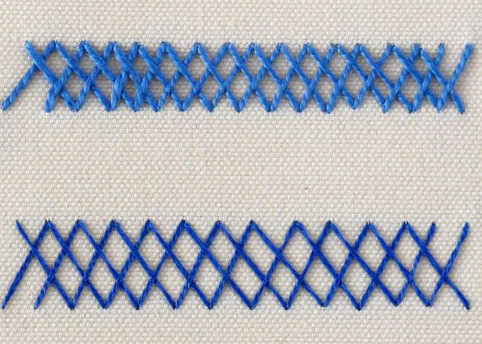 Closed herringbone stitch front side. Embroidery with blue threads