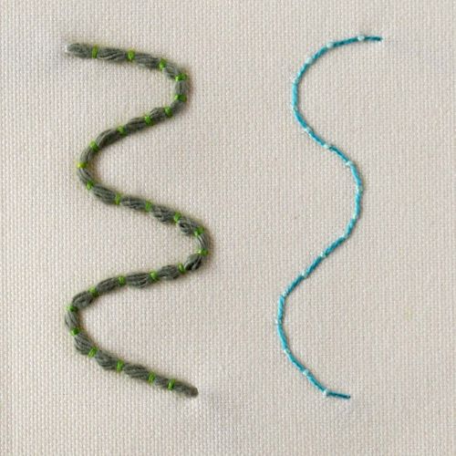 Couching stitch embroidery with green threads