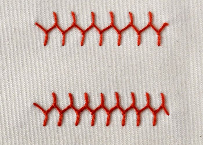 Cretan stitch embroidery with red pearl cotton