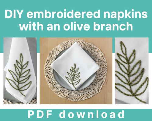 DIY embroidered napkins with an olive branch freebie card