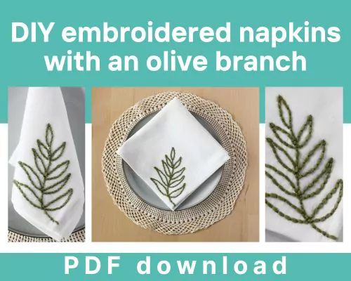 embroidery resource library: DIY embroidered napkins with an olive branch freebie card