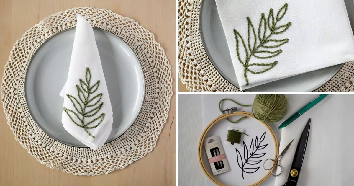 DIY embroidered napkins with an olive branch