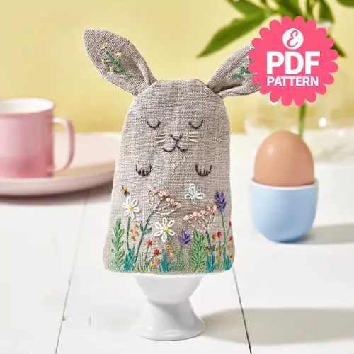 Embroidered bunny egg cozy by LoveEmbroideryMag