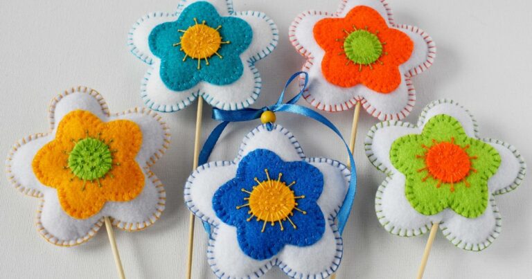 Floral Spring Felt Ornaments in bright colors, hand embroidered