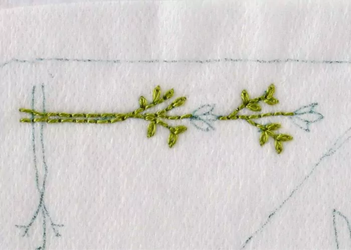 Flower stems embroidered with Backstitch and Detached Chain stitch