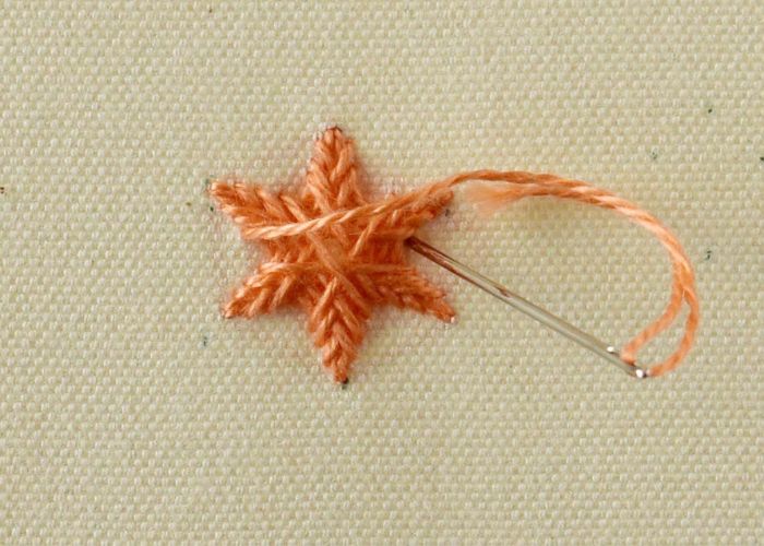 four rounds of straight stitches with orange pearl cotton thread