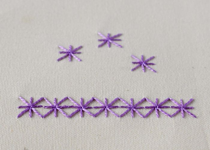 Algerian eyelet stitch embroidery with purple threads
