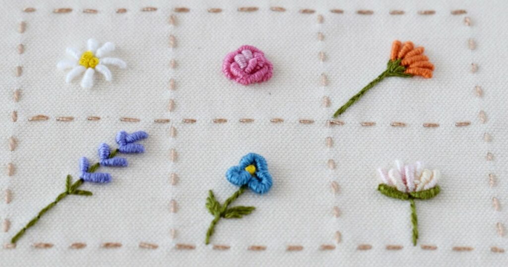 Six Bullion Stitch Flower: hand embroidery stitch library