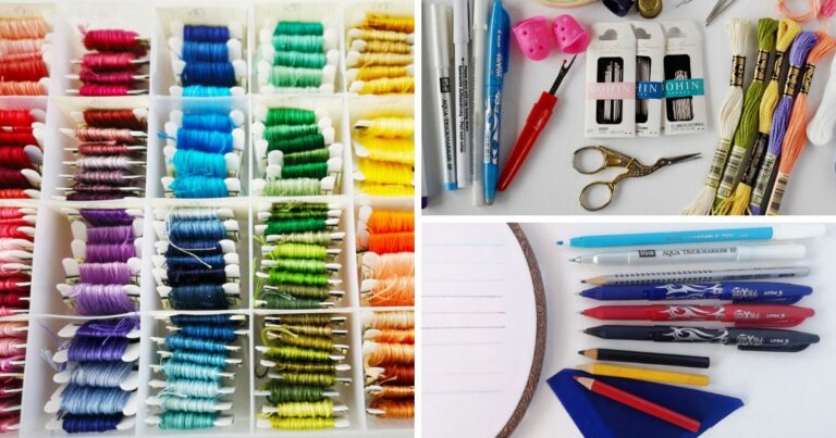 Embroidery materials for beginners - floss, needles, marking tools, scissors and more