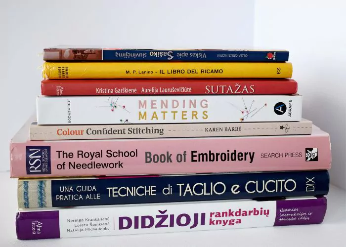 Pile of hand embroidery books