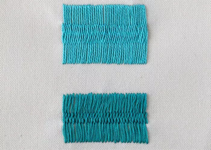 Closed Cretan stitch embroidery with green pearl cotton and embroidery floss