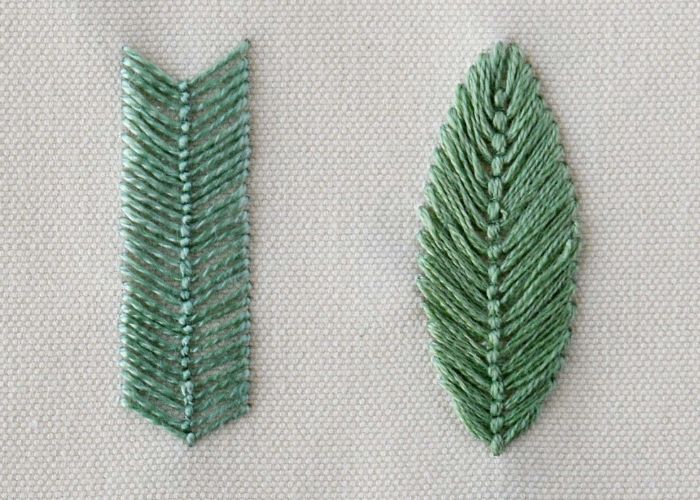 Geschlossenes Fliegenstichband und Blattstickerei mit grünen Fäden